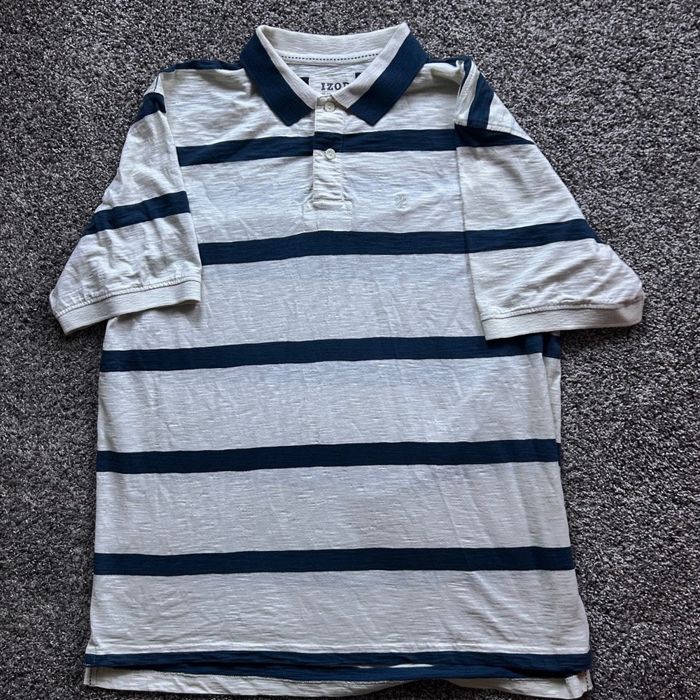 IZOD The Original Brand Polo Shirt Mens Short Sleeve XL Cream Blue Stripe